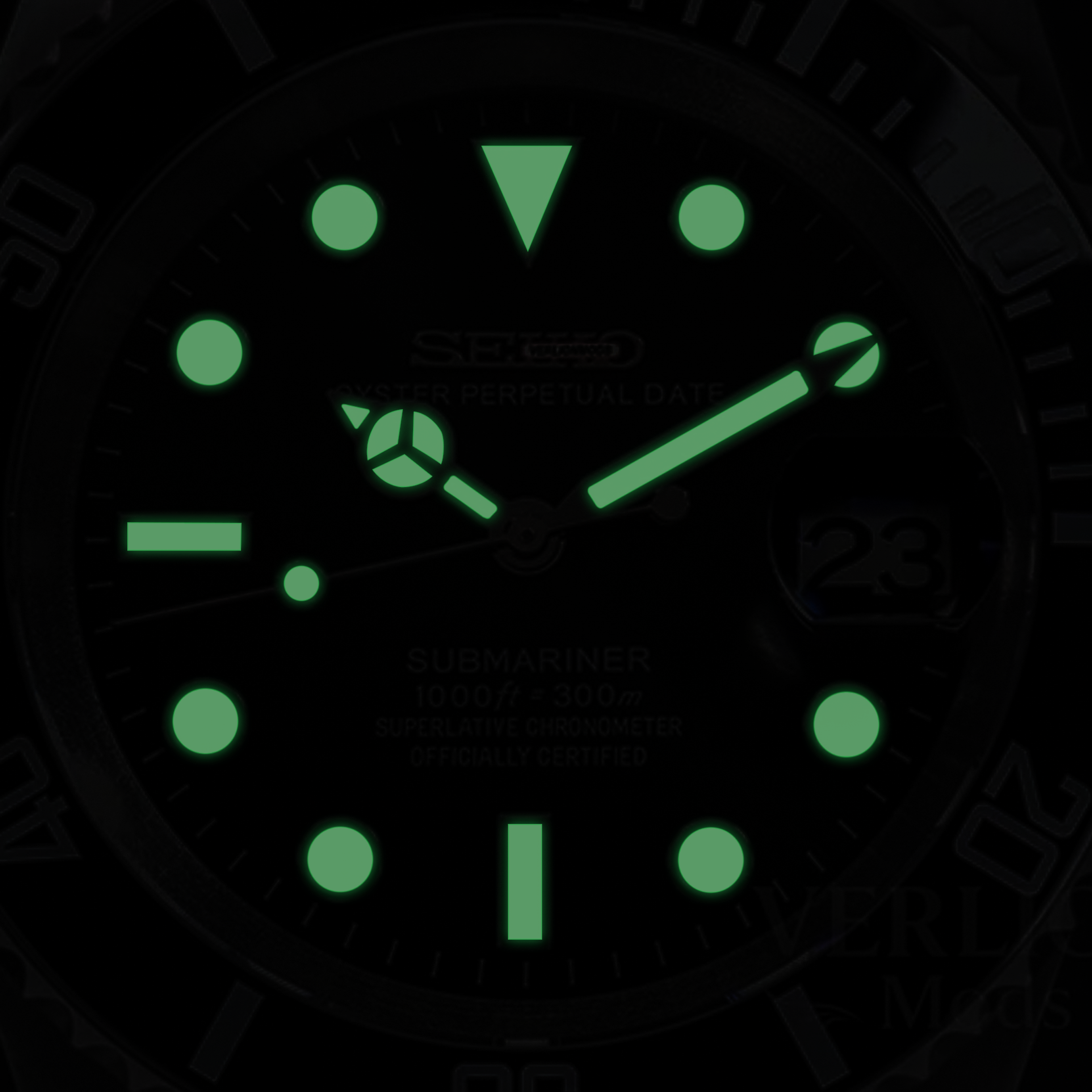 Luminous dial detail on automatic dive watch