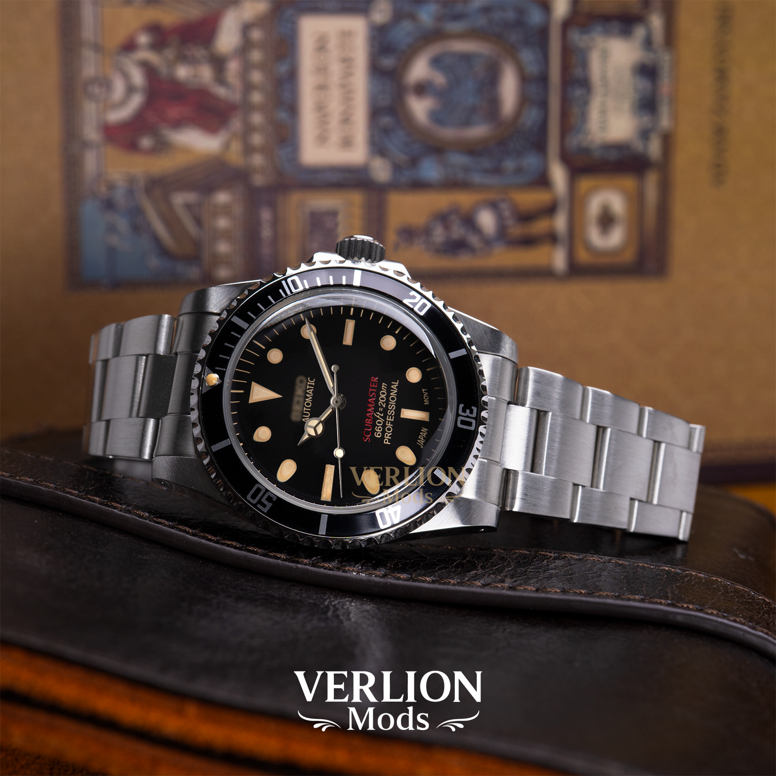 Scubamaster Vintage Redline Mercedes Edition movement view — Seiko NH35 caliber, Verlion Mods